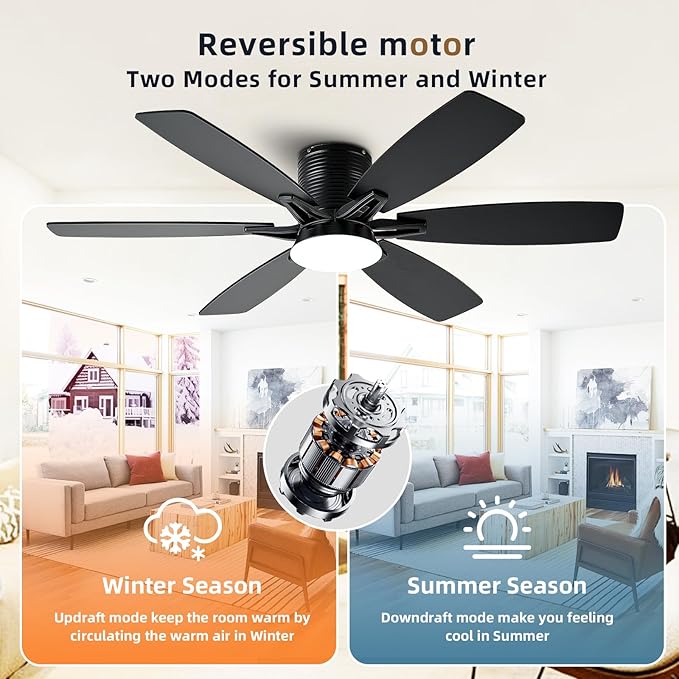 52inch Black Ceiling Fans with Lights and Remote/App Control, Low Profile Ceiling Fan with Light and 6 Double-Side blades, Flush Mount, LED/RGB Dimmable DC Reversible Modern Ceiling Fan for Bedroom