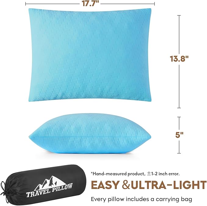 Small Shredded Memory Foam Pillow, Camping Pillow Travel Pillow - Compressible Medium Firm, Breathable Cover, Ideal Backpacking Hiking, Airplane and Car (Sky Blue, M)