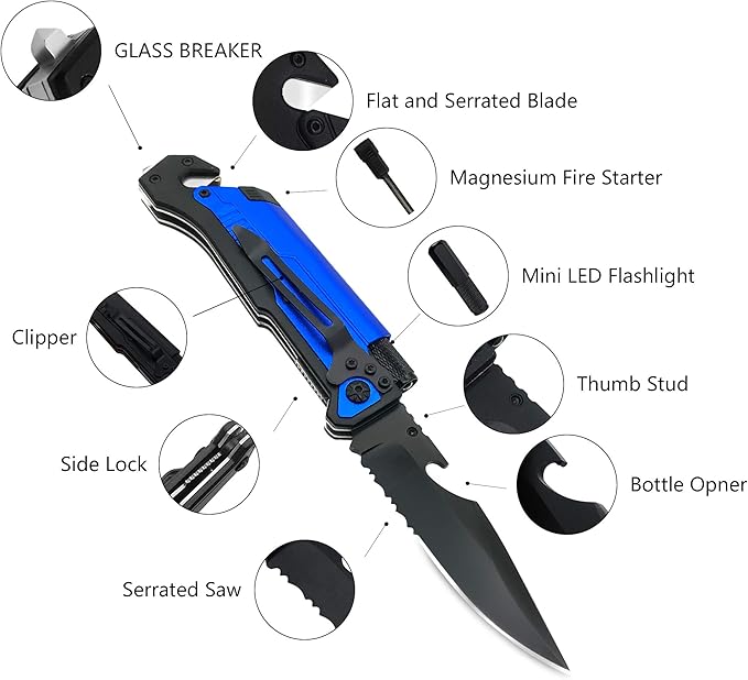 ALBATROSS 6-in-1 Survival Tactical Military Folding Pocket Knives with LED Light,Seatbelt Cutter,Glass Breaker,Magnesium Fire Starter,Bottle Opener;Multi-Function Emergency Tool(Blue)