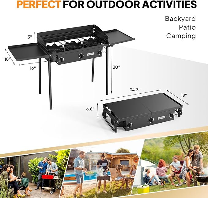 ROVSUN 3 Burner Gas Stove with 2 Side Shelves, 225,000BTU Portable Propane Stove with Removable Leg, Wind Panel, Regulator for Camping Home Backyard Outdoor Cooking Brewing Canning Turkey Frying