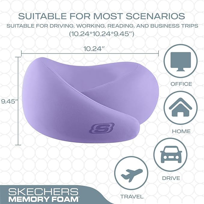 Skechers Memory Foam Travel Pillow,Comfortable & Breathable Airplane Travel Essential, Neck Pillow for Travel, Car Rides, Home, and Office Use, Ergonomic Design for Men and Women,Purple