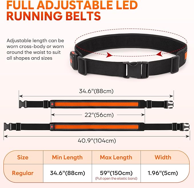 Illumifun LED Running Belt - USB Rechargeable Light Up Sash, High-Visibility Elastic Waistband Light for Running Cycling Hiking Camping Nighttime Activities
