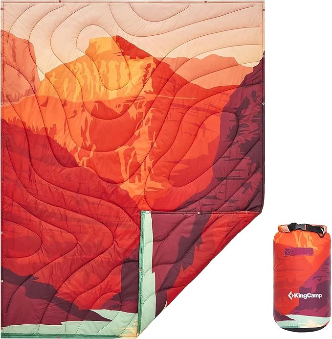 KingCamp Ultralight Camping Blanket, Packable Down Alternative Puffy Printed Wearable Blanket with Snap Buttons & Corner Loops Weatherproof Quilt for Outdoor Travel Stadium (79"L x 57"W, ORANGE)
