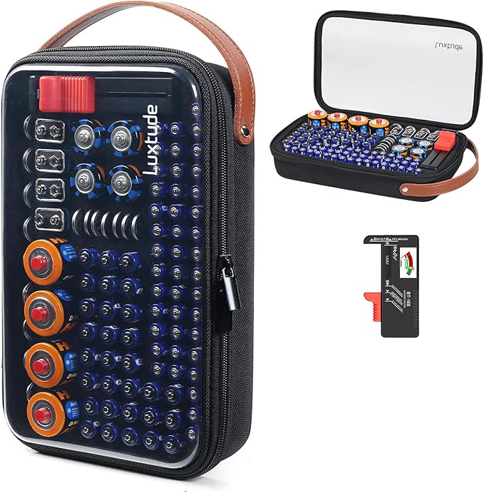 Luxtude Battery Organizer Storage Case with Tester, Clear Batteries Storage Organizers Holds 102 PCS, Hard Battery Holder Organizers, Portable Batteries Case Organizer, Drawer Caddy (Black)