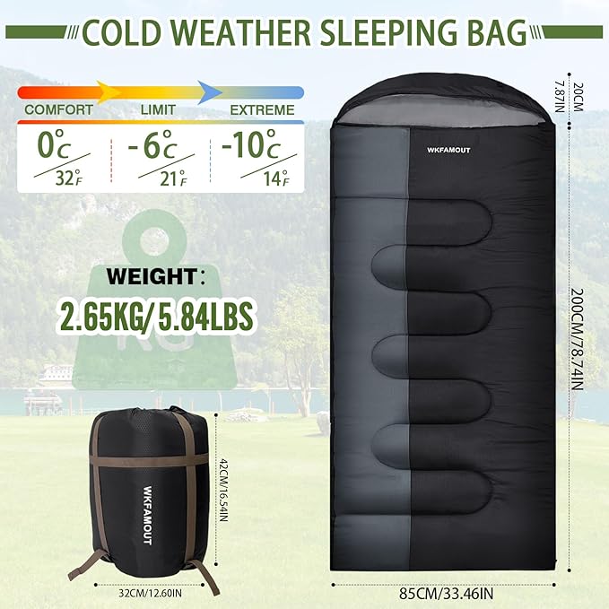 XL 10 Degree Sleeping Bags Waterproof for Adults 350GSM Machine Washable with Compression Sack for 3-4 Season Camping Outdoor