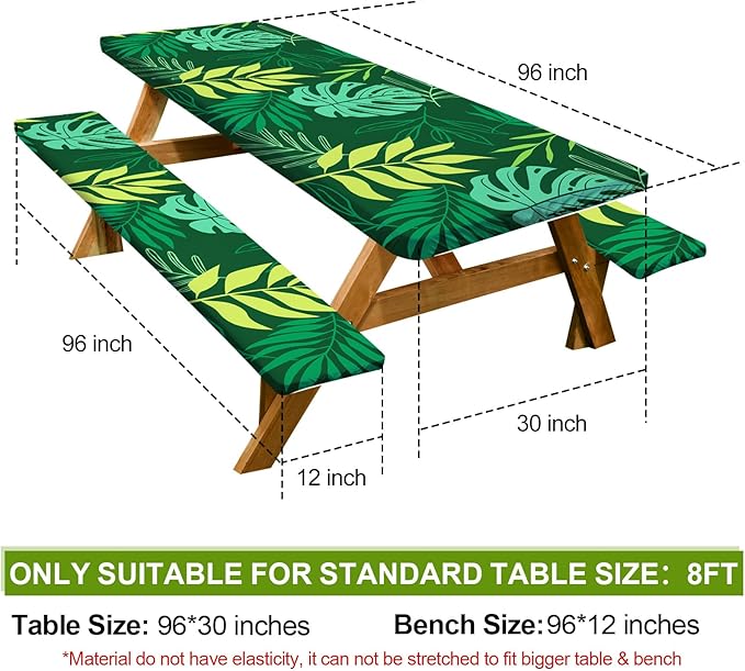 Picnic Table Cover with Bench Covers Camping Essentials Waterproof Windproof Camping Tablecloth with Drawstring Bag, Fitted Rectangle Tables and Seats, 96in, Dark Green