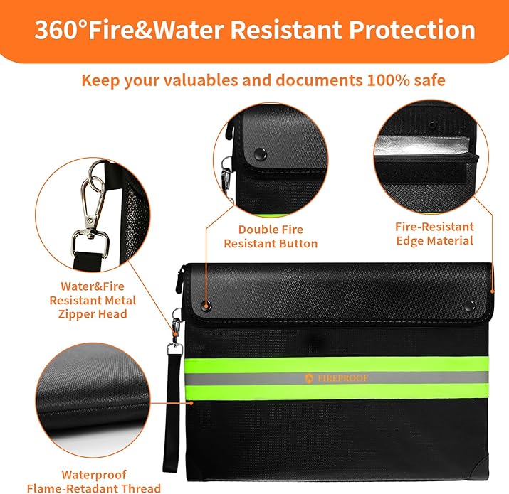 Upgraded Fireproof Document Bag 6200°F, 14.8in Big Waterproof Fireproof Safe with Zipper, 9 Layers of Heat Insulated Materials, Fireproof Money Bag for Cash, Important Documents and Valuables Fire Box