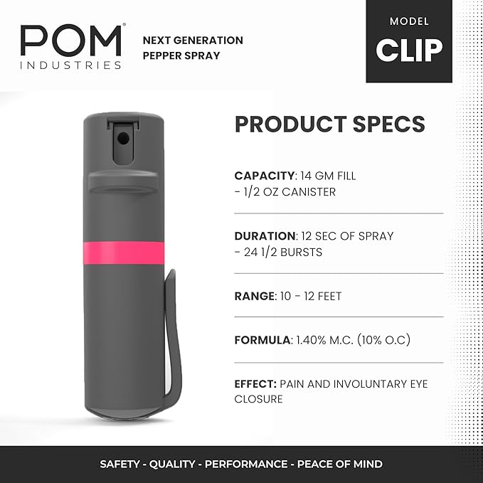POM Pepper Spray Combo Pack, Keychain & Clip Model, Max Police Strength OC Formula, Quick Key Release, Flip Top Safety, 10 ft Range, 25 Bursts, 0.5 fl oz, Compact Tactical Design for Everyday Carry