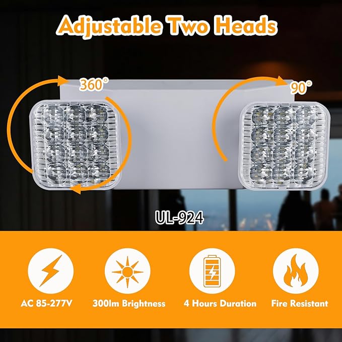 LED Emergency Lights for Business Home Power Failure,4Hours 300lm Automatic Battery Backup,Rechargeable Emergency Exit Lighting Fixtures,Hardwired, UL 924 AC85-277V