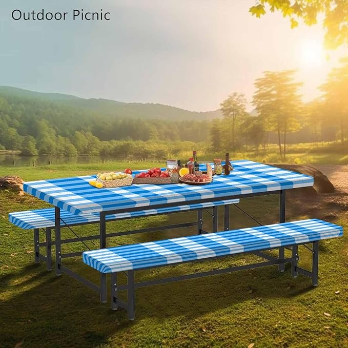 CAPSCEOLL Fitted Picnic Table Cover with Bench Covers with Elastic 6Ft Waterproof Camping Picnic Table Cover Cloths for Outdoors Camping Tablecloth with Drawstring Bag, 72X30in, Blue Checkered
