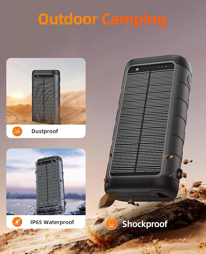 Solar Charger, 59800mAh Portable Power Bank for All Phones, Outdoor Waterproof Battery Pack Built in Hand Crank, 15W Wireless Charger 6 Outputs & 3 Inputs/LED Flashlights, Perfect for Camping Travel