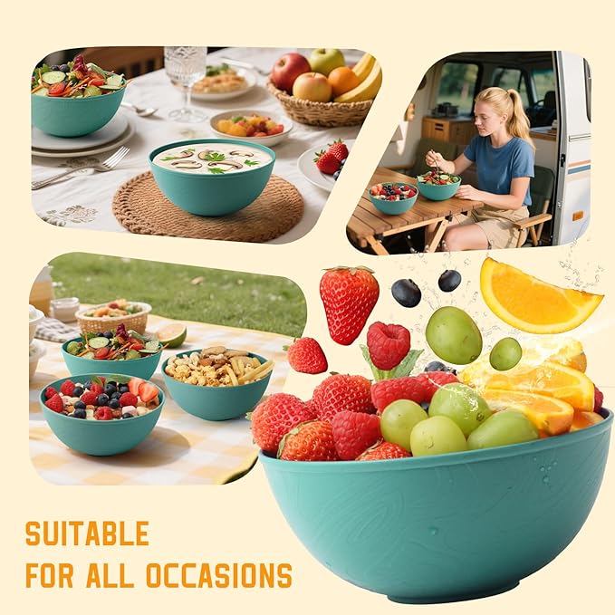 Homienly Wheat Starw Bowls, Bowl Set, Large Cereal Bowls, Serving Bowl Set of 6, Microwave and Dishwasher Safe, 40 OZ, Large Bowl for Salad, Soup, Ramen, Fruit,Dinner, Reusable, Stackable - Green