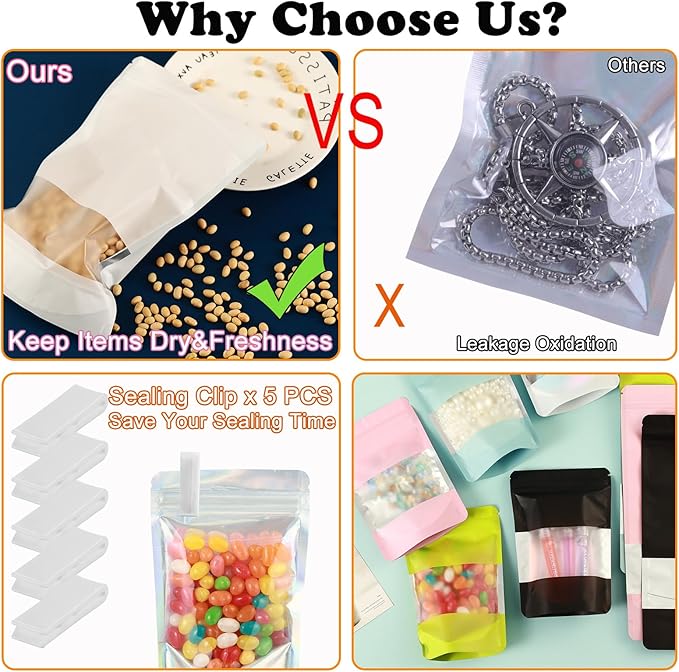 200 Pcs Mylar Bags for Food Storage 5x8 Mylar Bag with Window, Foil Stand Up Resealable Bags for Food, Smell Proof Bag Freeze Dried Candy Packaging Sealable Pouch Jewelry Bracelet Pouch Pink