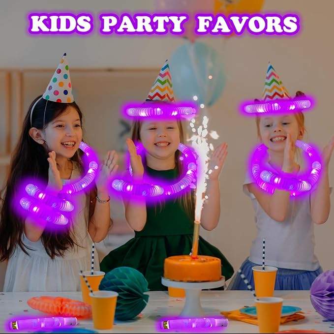 Purple Glow Sticks Party Favors for Kids 24 PCS,LED Light up Pop Tubes for Toddlers, Neon Necklaces Bracelets Accessories, Glow Birthday Wedding Dance Party Supplies Camping Toys Decorations