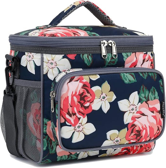 FlowFly Insulated Reusable Lunch Bag Adult Large Lunch Box for Women and Men with Adjustable Shoulder Strap,Front Zipper Pocket and Dual Large Mesh Side Pockets,Peony