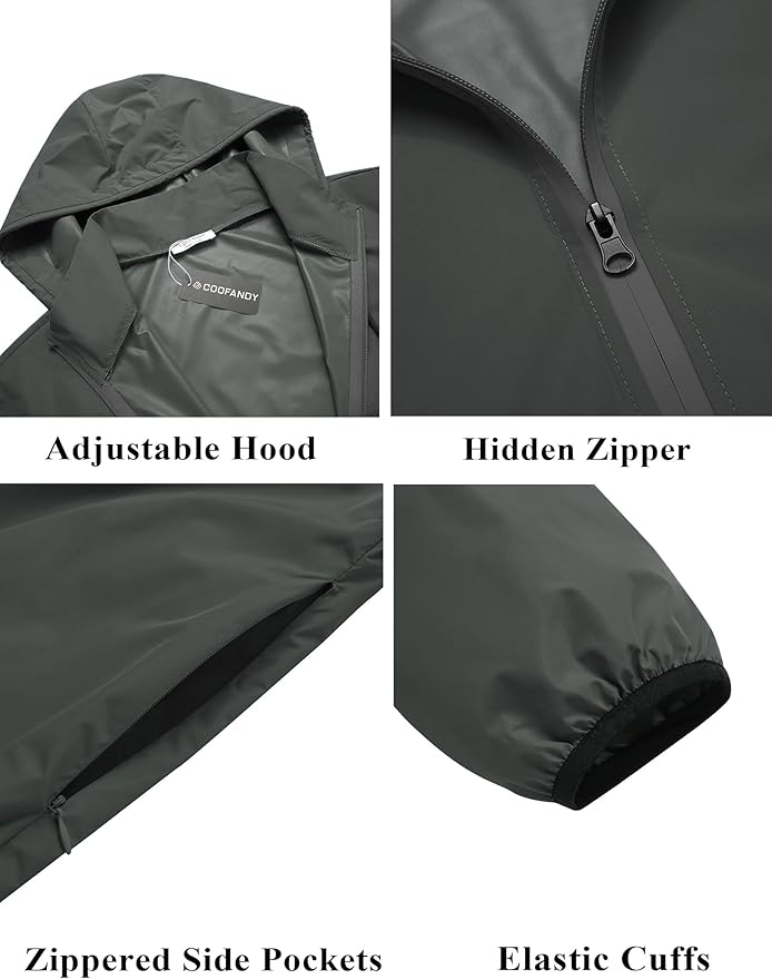 COOFANDY Men's Packable Rain Jacket Lightweight Waterproof Raincoat with Hood Travel Hiking Golf Windbreaker