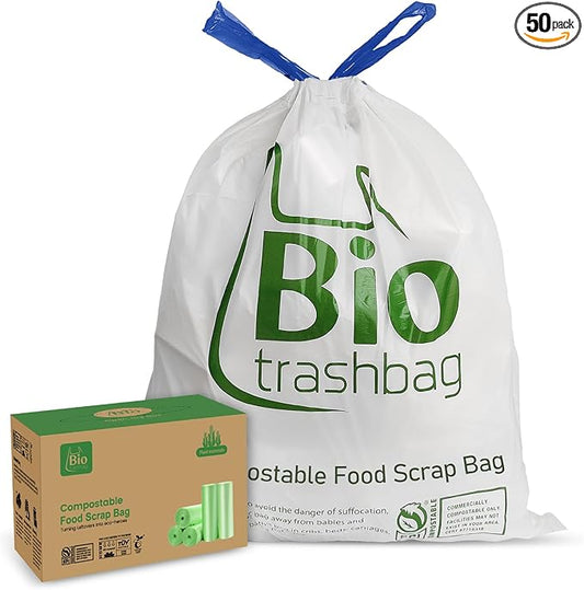 13 Gallon Compostable Trash Bags, 50 Count Biodegradable Drawstring Compost Food Waste Bags, Heavy Duty 1 Mil, 49.2 Liter, Tall Kitchen Large Garbage Bags, US BPI and Europe OK Compost