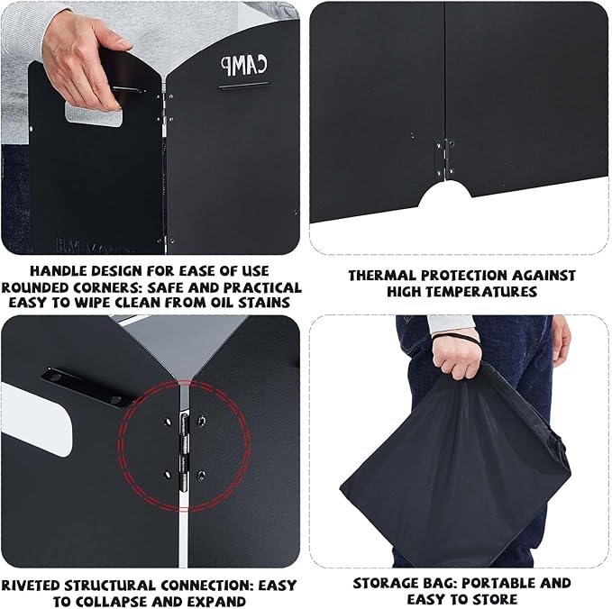 Steel Camp Stove Windscreen, Outdoor Folding Gas Stove Windshield Portable 4 Plates Wind Blocker with a Storage Bag for Camping, Hiking, Picnic, Backpacking, Cooking