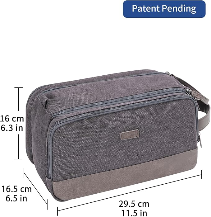 WANDF Toiletry Bag for Men Travel Toiletry Organizer Canvas and Leather Dopp Kit Water-Resistant Shaving Bag for Travel Accessories (Grey, Large)