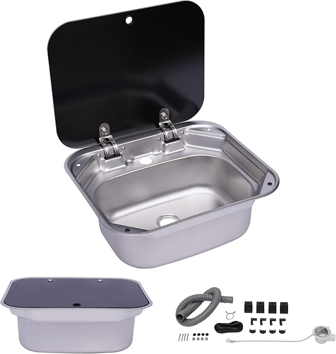 17-Inch Undermount RV Bar Kitchen Sink Workstation Single Bowl Stainless Steel Hand Wash Basin Drop In Sink with Folde Lid Cover Accessories and for RV Bar Cafe Boat Kitchen Camper Van Outdoor BBQ
