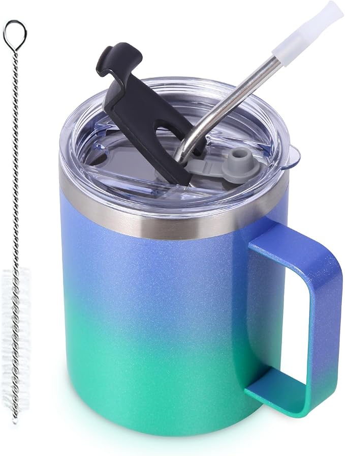 Volhoply 12oz Insulated Leakproof Coffee Mug with Flip & Straw Lid,Double Wall Vacuum Stainless Steel Travel Tumbler Cup with Handle,Reusable Camping Mugs Keep Cold/Hot(Purple Green,1 Set)
