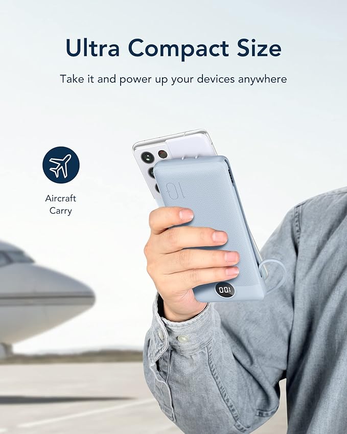 VEGER Portable Charger for iPhone Built in Cables and Wall Plug, 10000mah Slim Fast Charging USB C Power Bank, Travel Essential Battery Pack Compatible with iPhones, iPad, Samsung More Devices(Blue)