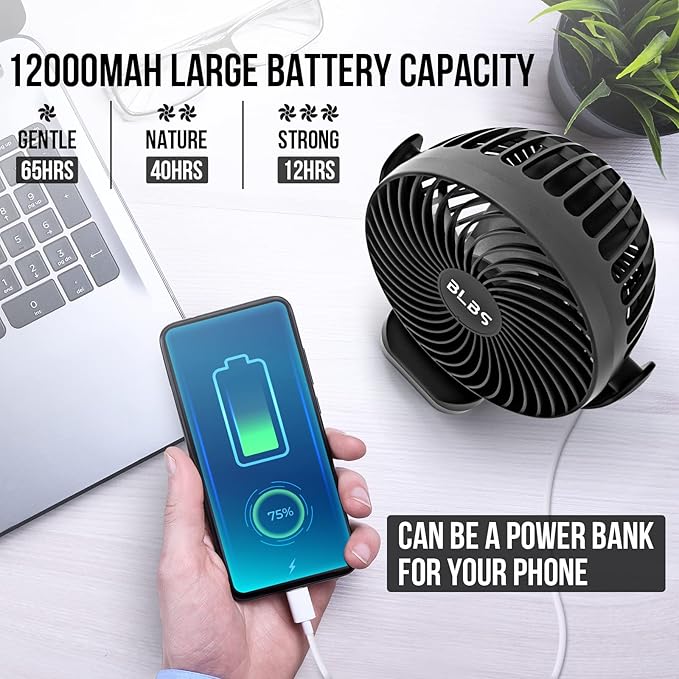 Portable Fan - 65H 12000mAh Camping Fan Rechargeable with Output Ports, Battery Powered Fan with Hanging Hook, Camping Fans for Tents, Rechargable Fa n for Camping, Black