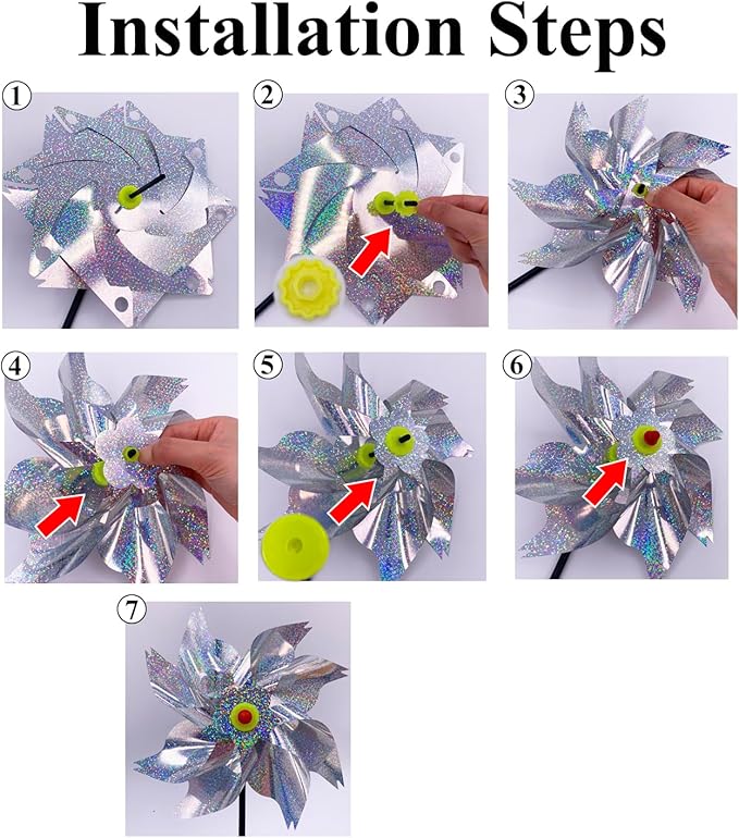 Sparkly Reflective Pinwheels with Stakes, Colorful Wind Spinners Outdoor Bird Scare Devices, Foil Pin Wheel Holographic Whirl Windmill for Yard Garden Decor Garden Wind Spinner 6 Packs