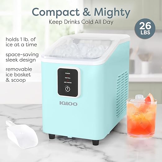 Igloo Self-Cleaning Countertop Ice Maker - Compact and Portable - Creates 26 lbs. Per Day, 8 Pieces Ready Every 7-8 Minutes - Includes Ice Scoop and Basket - Aqua