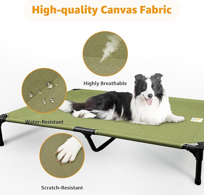 Canvas Elevated Dog Bed, Durable Chew Proof Outdoor Raised Pet Cot for Large Dogs, Waterproof, Breathable, Portable, Washable, Easy Assembly, Sturdy Frame for Camping & Travel, Green