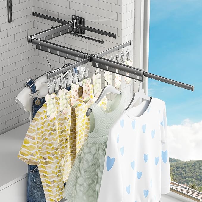 Clothes Drying Rack,2025 New Upgraded Laundry Drying Rack, Sturdy Clothes Drying Rack Wall Mounted,with Additional 4 Branches and 20 Clips,Collapsible,Retractable,Ideal for Patio,Laundry