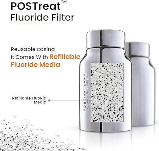 2.25 Gallons NSF Certified AISI 304 Stainless Steel Water Filter with 2 Smart Carbon (Black) Filters, 2 POSTreat Steel Fluoride Removal Elements, Free Water Spigot & Teak Wood Stand