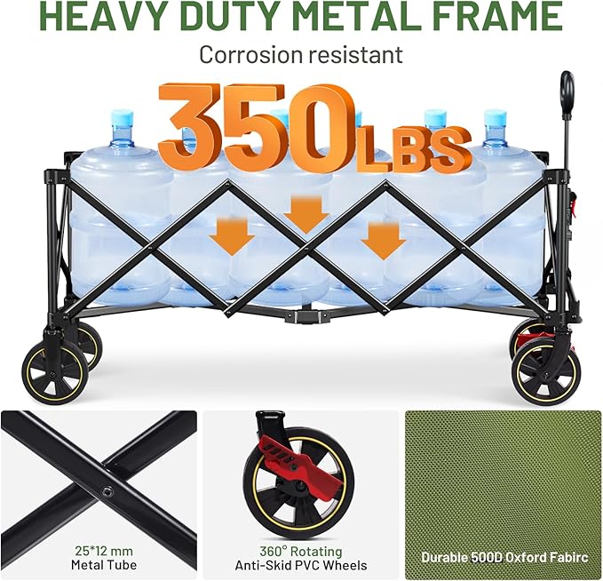 Timber Ridge 51.2'' Extended Collapsible Wagon Cart with Brakes and Cargo Net, 350LBS Heavy Duty Foldable Utility Wagon with Adjustable Handle, 400L Capacity Portable Cart for Camping Sports Shopping