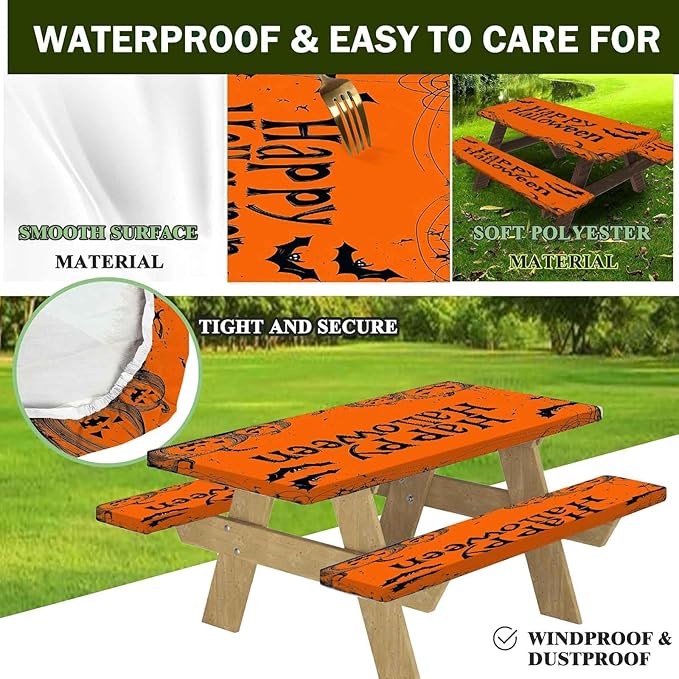 CAPSCEOLL Elastic Picnic Table Cover with Bench Covers 5Ft Waterproof Fitted Picnic Table Cover Cloths for Outdoors Camping Tablecloth with Drawstring Bag, 60X30in, Happy Halloween