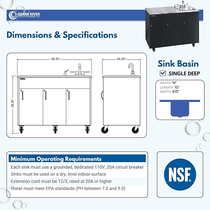 Ozark River Portable Sinks, Advantage S1D, Black Laminate Cabinet-Stainless Countertop, Hot Water Hand Washing Station with Countertop & Storage Space, Self Contained Sink, Portable Hand Washing Sink
