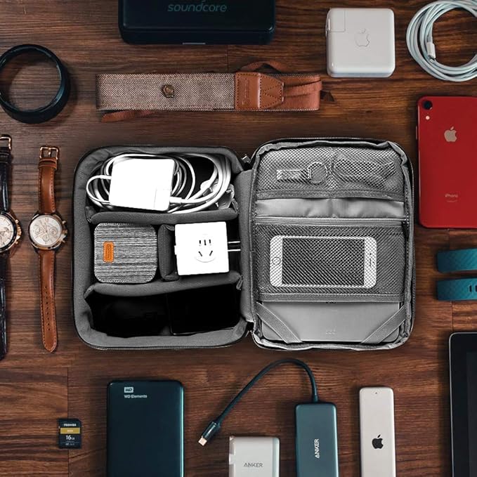 ORIENT FAMULAY Travel Organizer, Waterproof Cable Bag for Electronic Accessories Double Layer Large Shockproof Storage Bag for Cord, Hard Disk, Power Bank, Tablet -Gray