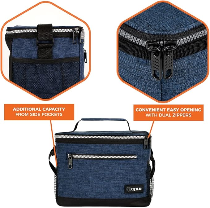 opux Insulated Lunch Box Men Women, Lunch Bag for Work School, Leakproof Soft Cooler Tote Adult, Large Lunch Pail Kids Boys Girls, Picnic Beach Food Bag with Shoulder Strap, Heather Navy