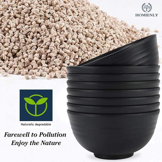 Homienly Cereal Bowl Set, Wheat Straw Bowls for Kitchen, Unbreakable Lightweight Bowl Set of 8, Microwave and Dishwasher Safe Bowls, Reusable Bowl for Serving, Cereal, Snack,Fruit(Black, 26 OZ)