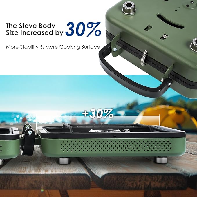 2 Burner Camping Stove with Carrying Bag, Foldable Propane Camp Stove with 17,200 BTU for Camping, Portable Gas Stove with Adjustable Burner for Tailgating, Backyard BBQ,Green