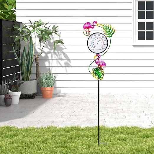 Outdoor Thermometer, No Battery Needed Outside Thermometer with Garden Stake, Flamingo Wall Thermometer for Yard Patio Decor