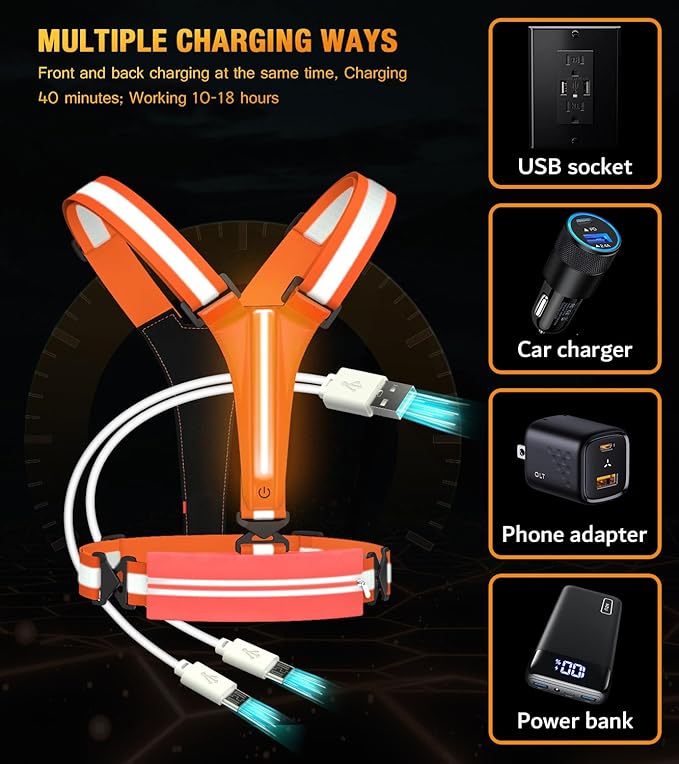 LED Reflective Vest Running Gear Set,USB Rechargeable Light Up Running Vest for Runners Night Walking with Waterproof Phone Bag,High Visibility Armband,Adjustable Waist&Shoulder for Men Women