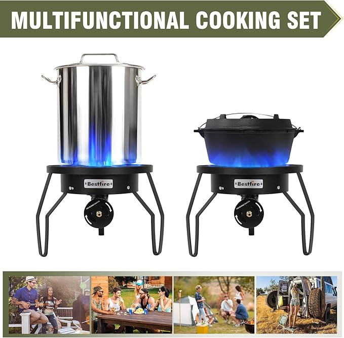 Bestfire 16" Single Propane Burner Camping Stove with Steel Braided Hose 200,000 BTU for Frying, Camping, Home Brewing and Turkey Frying