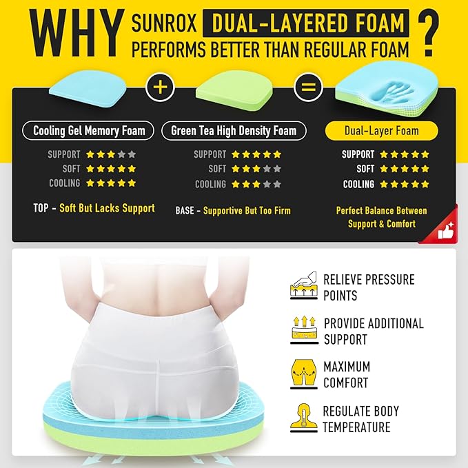 SUNROX Gel Memory Foam Chair Cushions, FadeShield Water-, Stain-Resistant Durable Reversible Seat Cushion Pads with Ties for Indoor/Outdoor Kitchen Dining Office, 17"x16", Set of 6, Heather Grey