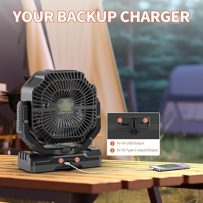 MORECORE 40000mAh Battery Operated Camping Fan with Light, 120HRS Running, Powerful 4 Speeds & Auto Oscillating, with Timer & Hook, for Travel Tent RV Emergency Hurricane Jobsite Garage-Black