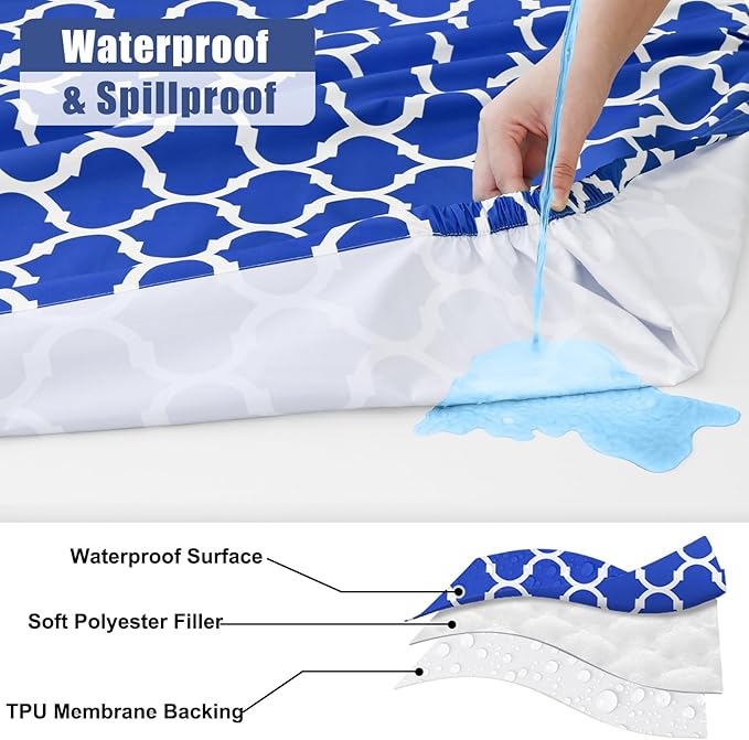 Smiry Picnic Table Cover with Bench Covers, Waterproof Elastic Fitted Tablecloth for 8 Foot Tables, Washable Polyester Tablecloths for Camping, Indoor & Outdoor (Blue Morocco, 30x96 Inch 3-pc Set)