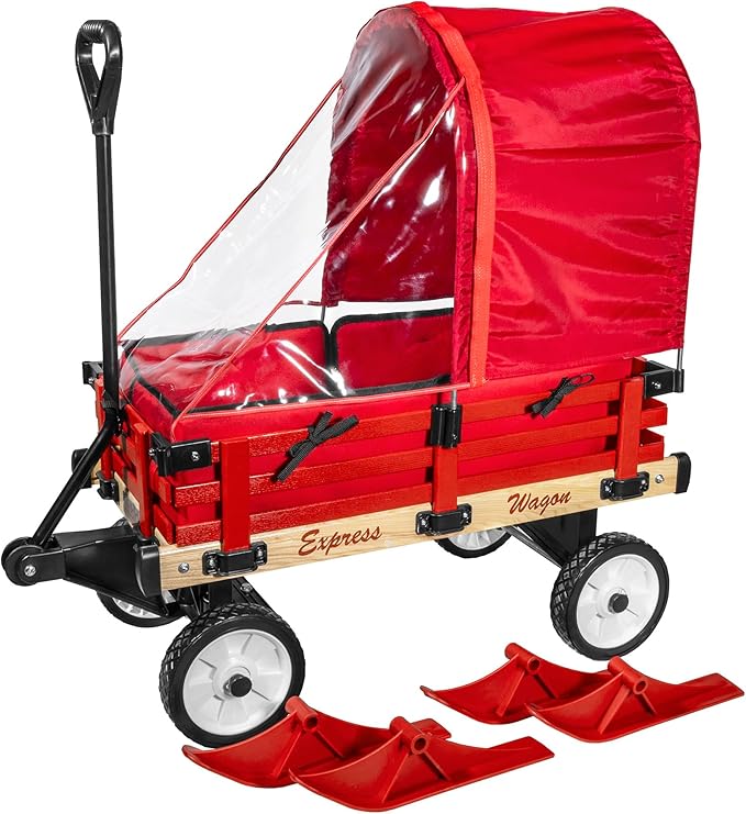 Industries All Season Convertible Wood Wagon Cart with Flat-Free Tires, Sleigh Runners, Side Pads and Half Canopy with Plastic Cover Shield, Red, 16" x 34"
