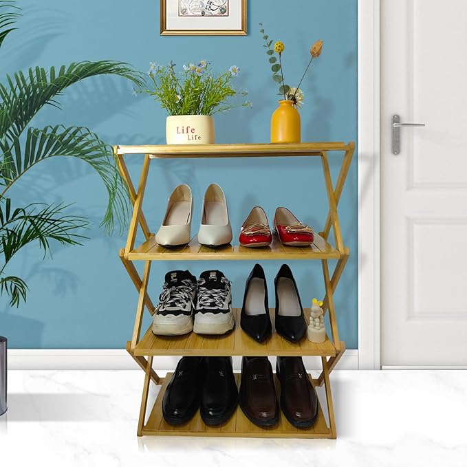 Foldable Bamboo Shelf, Folding Shoe Rack, Flower Rack, Camping Rack, No Installation Required, Portable, Space Saving, Multi-Purpose Storage Rack (Natural, 4 Tiers)