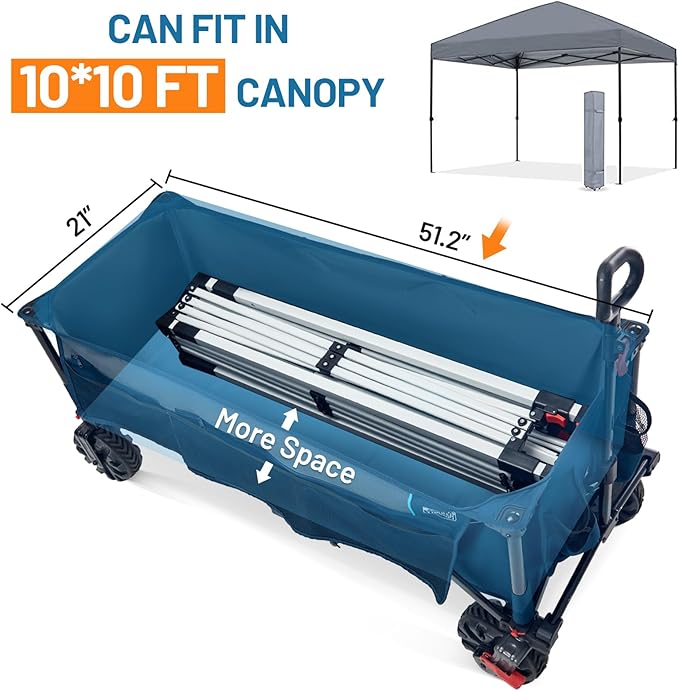 TIMBER RIDGE 51.2" Extended Collapsible Wagon - Heavy-Duty Utility Cart with All-Terrain Wheels, Brakes & Cargo Net, 400L Capacity for Camping, Sports & Shopping, Blue