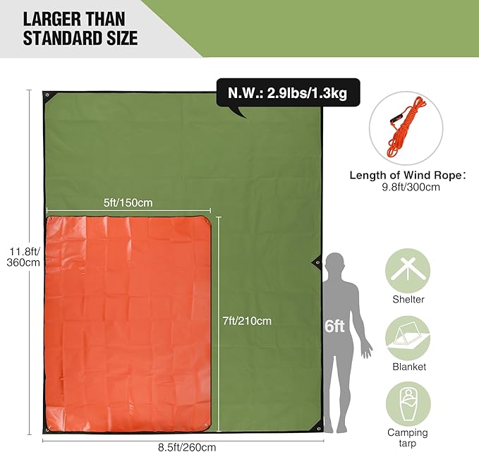 RedSwing Heavy Duty Survival Blanket, Waterproof Emergency Thermal Tarp, Multipurpose Reflective Insulated All Weather Blankets for Camping Hiking, Green,11.8 x 8.5 ft