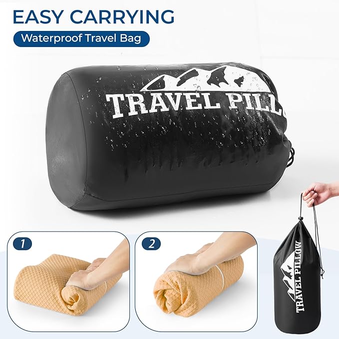 Travel Pillow Memory Foam Pillows, Ergonomic Wave Cervical Neck Pillow for Neck Pain Relief, Compressible Medium Firm Side Sleeper Pillow, Ideal for Camping, Office, Home & Bed (Orange, L)